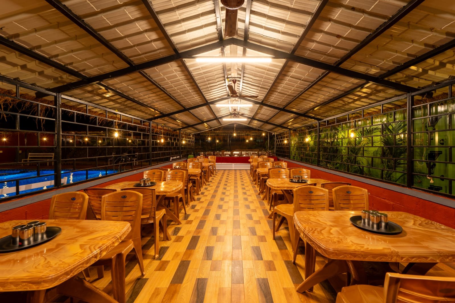 Dining hall with wooden tables