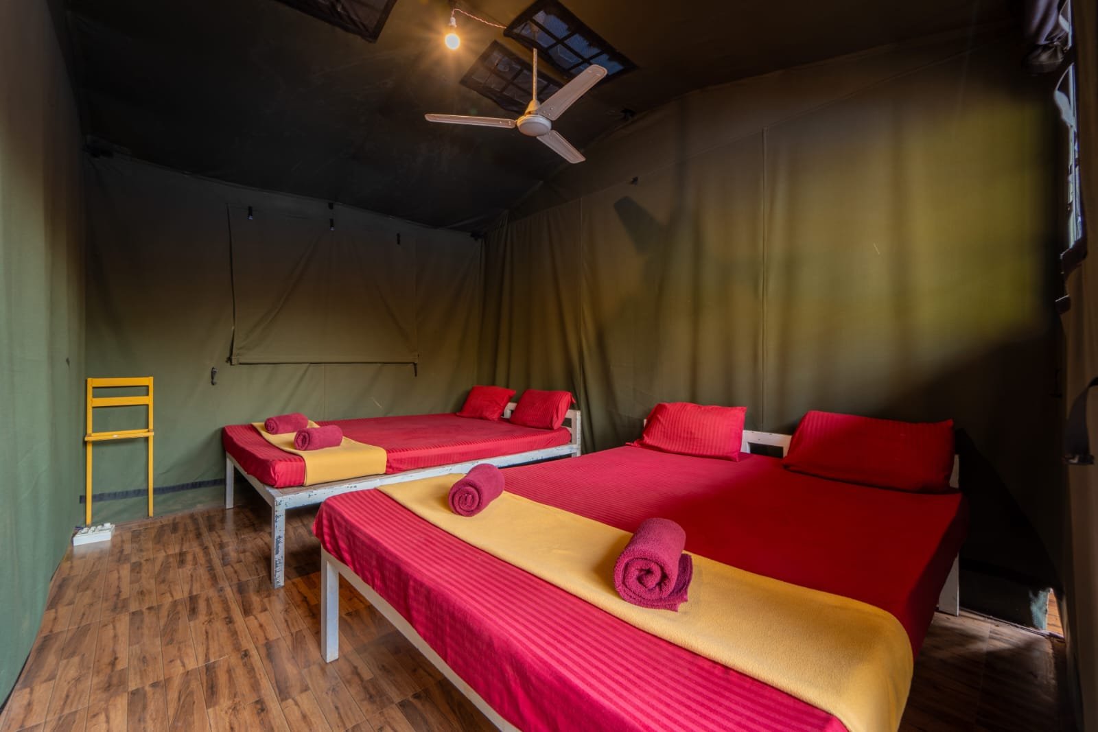 Commando Cottage tent interior at Nadi Teera Dandeli