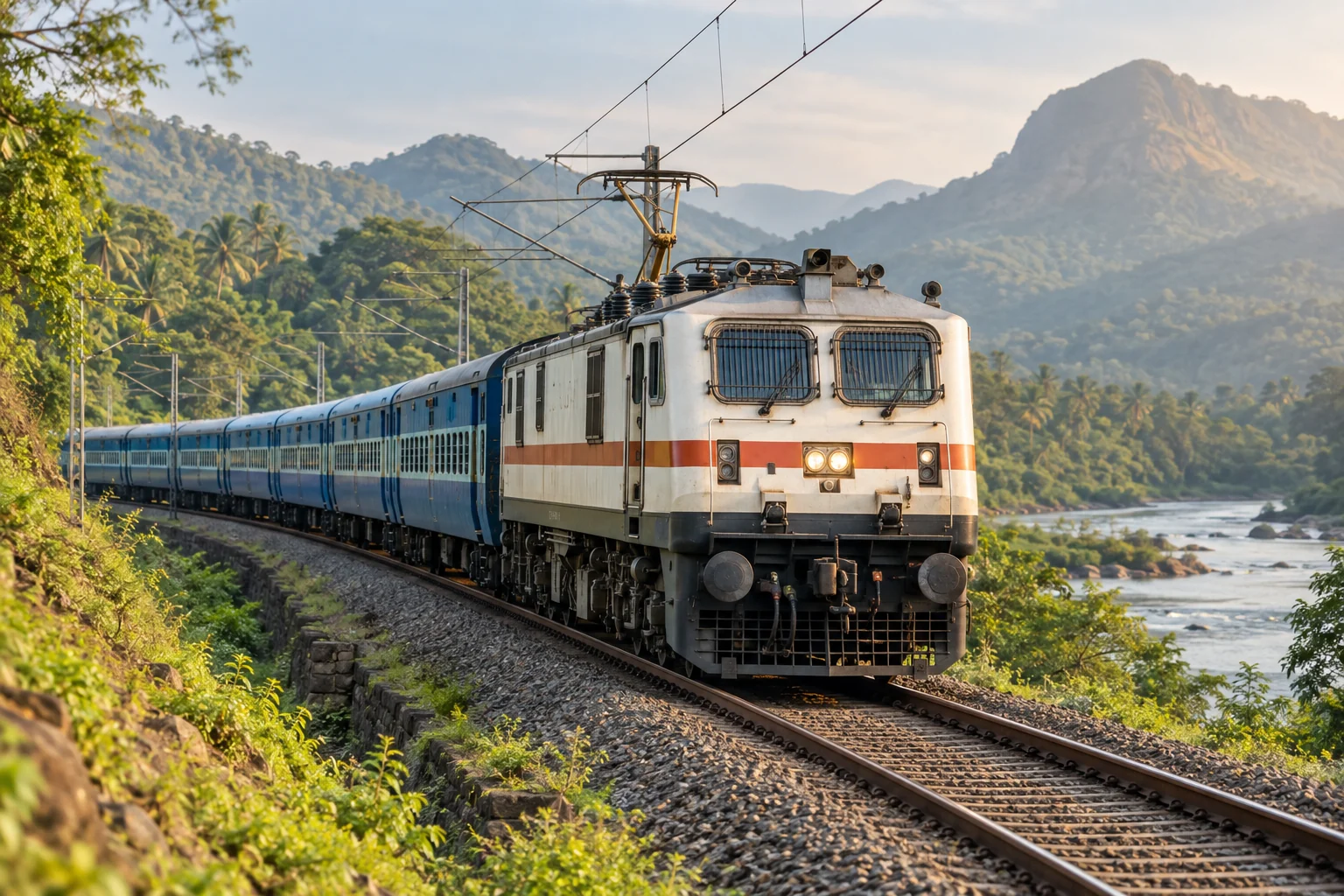 Illustration of an Indian passenger train travelling through green countryside